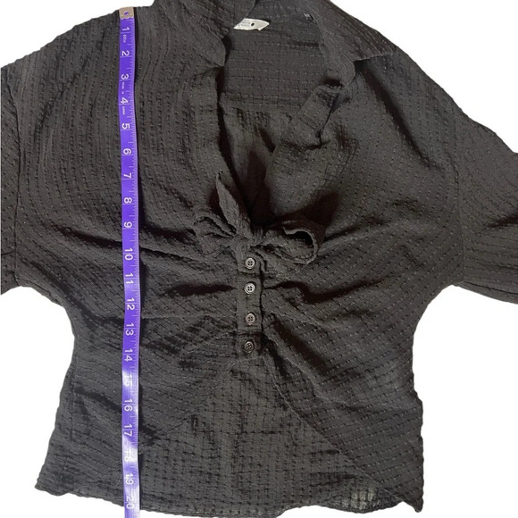 ZARA Knotted V Neck Collard Button Front Wide Sleeve Draped Textured Blouse - Picture 7 of 12